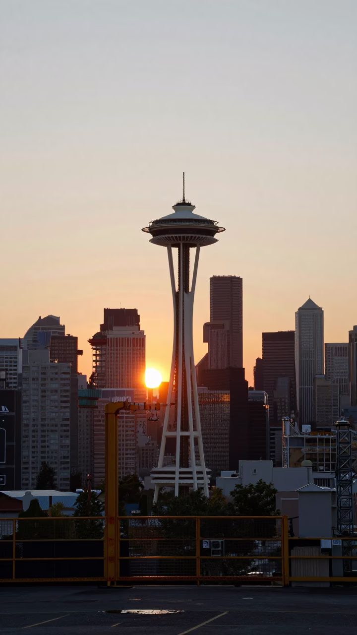 Seattle Downtown Skyline at Sunset with Construction Elevator Gate and Rebar Bundles in in Seattle, Washington, United States