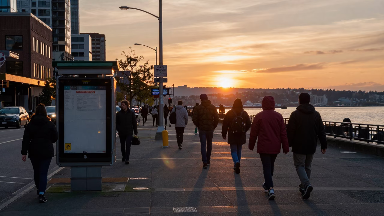 Seattle Downtown Street Scene at Sunset with Pedestrians and Urban Architecture in in Seattle, Washington, United States
