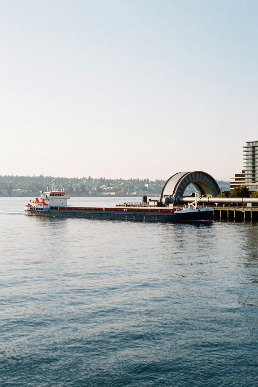 Seattle Downtown Waterfront Barge and Steel Infrastructure Under Flat Noon Light in in Seattle, Washington, United States