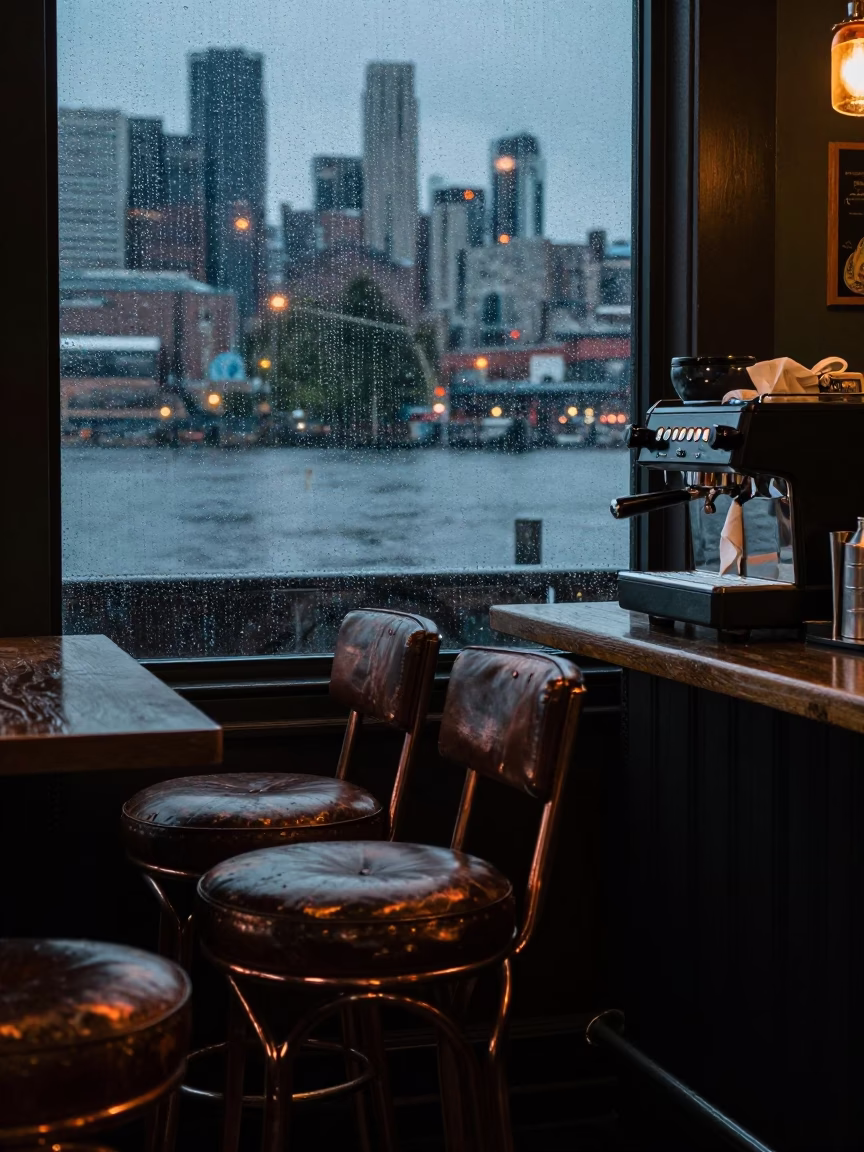 Seattle Dusk Bar Stools and Rainy Window View of Downtown Skyline in in Seattle, Washington, United States