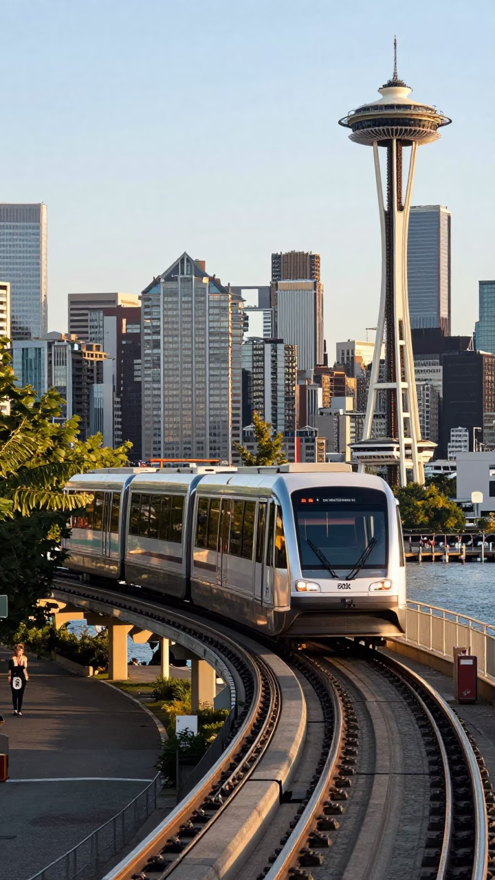 Seattle Early Afternoon Monorail and Waterfront Activity in in Seattle, Washington, United States