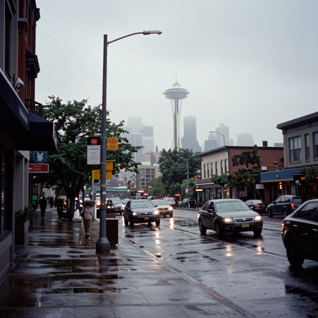 Seattle Early Afternoon Rain Street Scene with Wet Pavement and Urban Architecture in in Seattle, Washington, United States