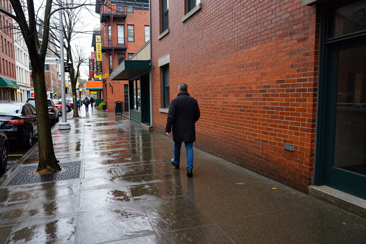 Seattle Early Afternoon Street Scene with Rain Wet Pavement and Local Shopfront Details in in Seattle, Washington, United States
