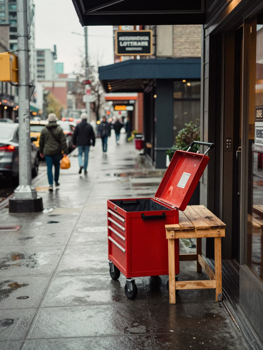 Seattle Early Afternoon Street Scene with Tool Caddy and Urban Architecture in in Seattle, Washington, United States
