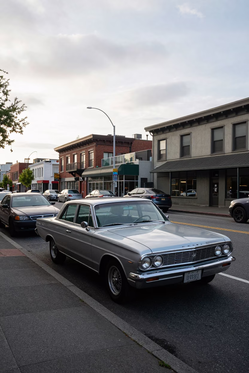 Seattle Early Afternoon Street Scene with Vintage Car and Local Shopfront in in Seattle, Washington, United States