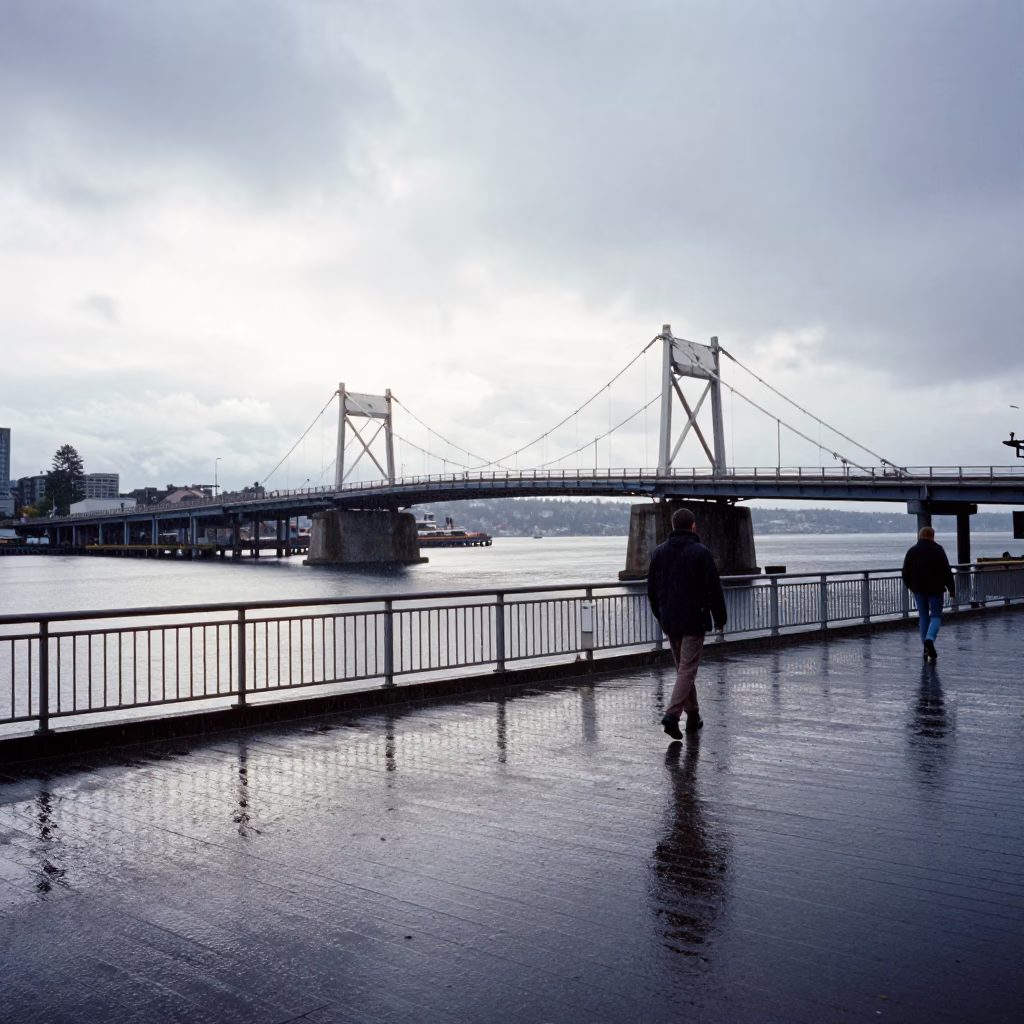 Seattle Early Afternoon Waterfront Scene with Drawbridge and Rain in in Seattle, Washington, United States