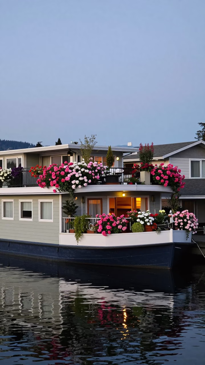 Seattle Early Evening Houseboat Garden with Flower Roof and Wet Streets in in Seattle, Washington, United States