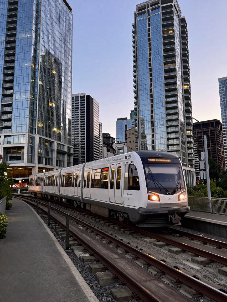 Seattle Early Evening Monorail Glide Past Glass Towers and Palm Trees in in Seattle, Washington, United States