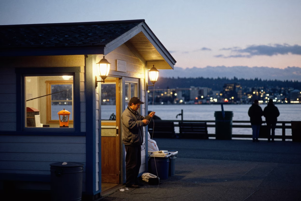 Seattle Early Evening Street Scene with Lantern-Lit Boathouse and Fisherman Baiting Hooks in in Seattle, Washington, United States
