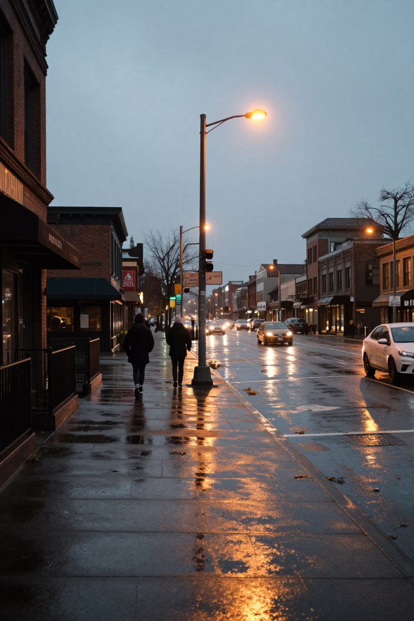 Seattle Early Evening Street Scene with Rain-Slicked Pavement and Vintage Atmosphere in in Seattle, Washington, United States