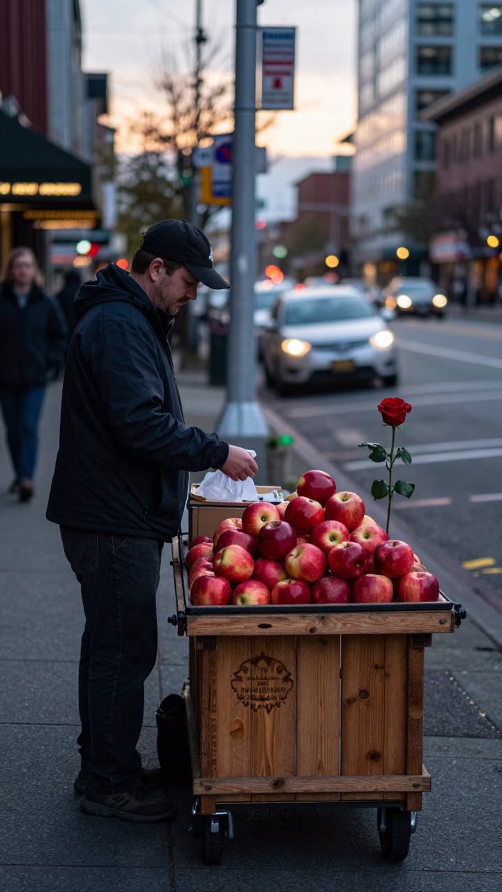 Seattle Early Evening Street Scene with Red Rose and Apples in in Seattle, Washington, United States