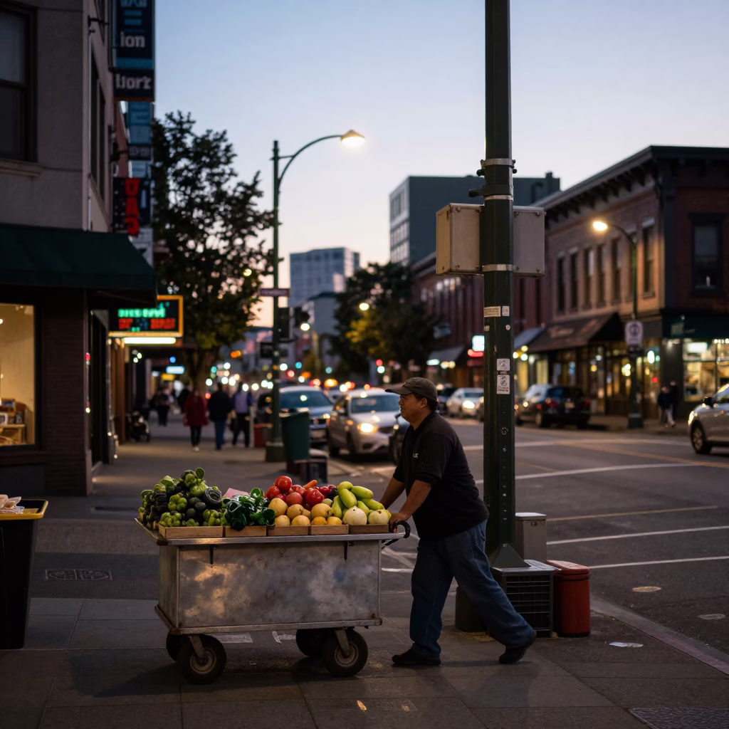 Seattle Early Evening Street Scene with Rolling Carts and Urban Architecture in in Seattle, Washington, United States