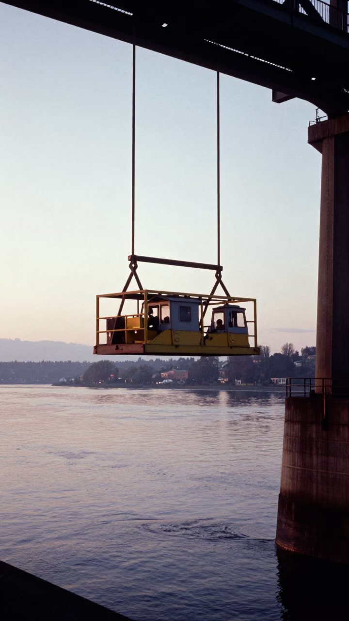 Seattle Early Morning Bridge Maintenance Cradle Over Green River Water in in Seattle, Washington, United States