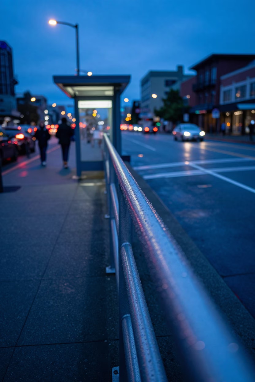 Seattle Evening Blue Hour Condensation on Metal Railing and Urban Street Scene in in Seattle, Washington, United States