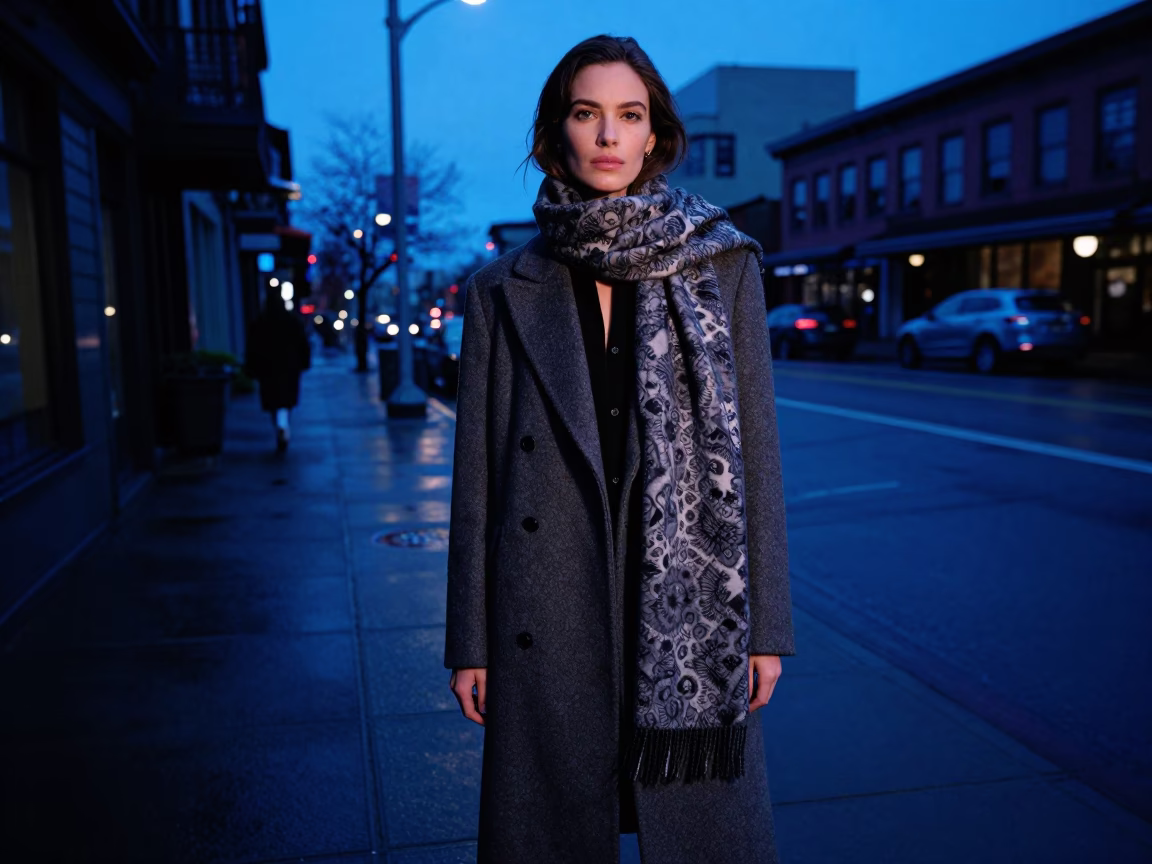 Seattle Evening Blue Hour Fashion Portrait with Scarf and Porcelain in Downtown Urban Setting in in Seattle, Washington, United States