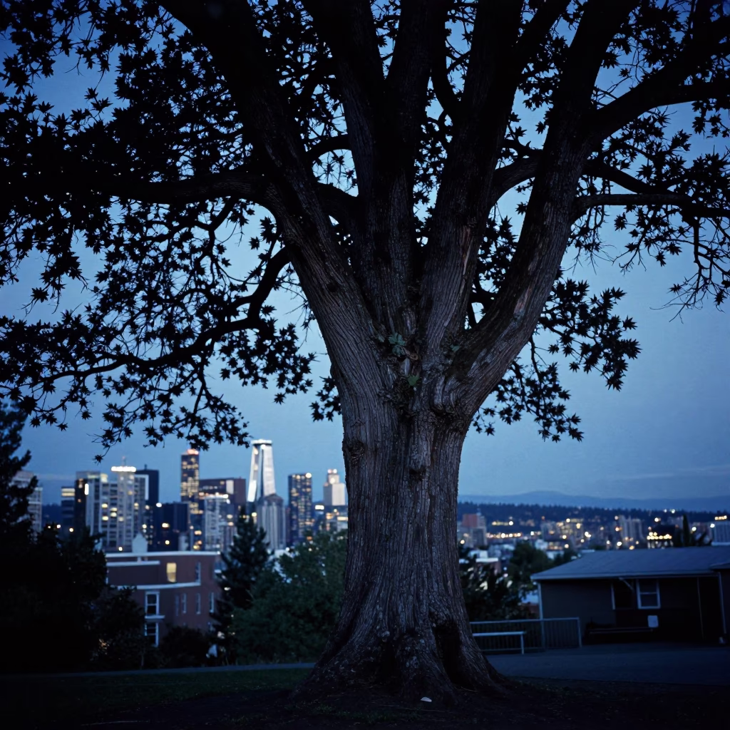 Seattle Evening Blue Hour Monkey Puzzle Tree and City Lights in in Seattle, Washington, United States