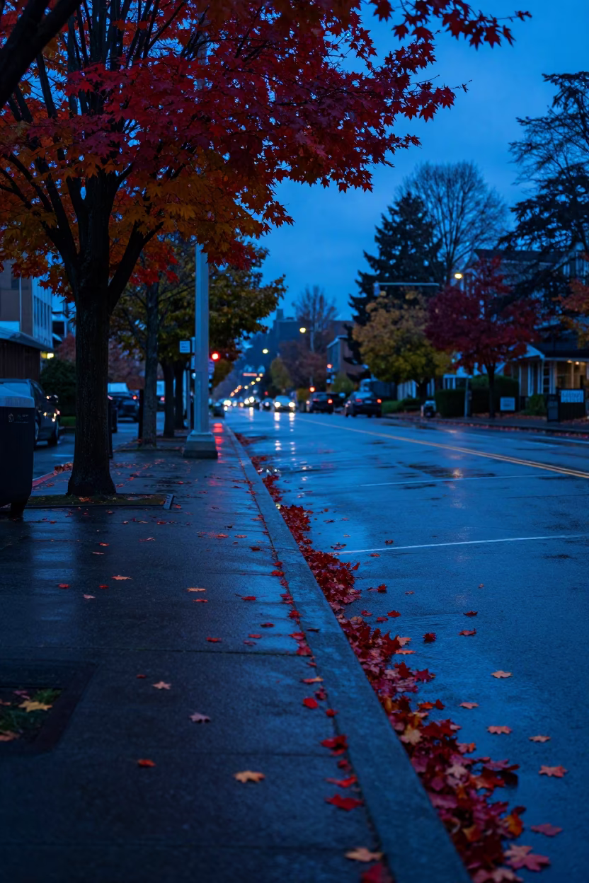 Seattle Evening Blue Hour Street Scene with Autumn Maple Leaves and Urban Details in in Seattle, Washington, United States