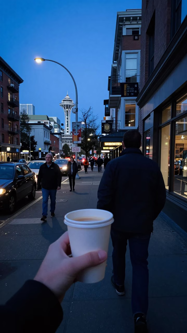 Seattle Evening Blue Hour Street Scene with Espresso Cup and Urban Elements in in Seattle, Washington, United States