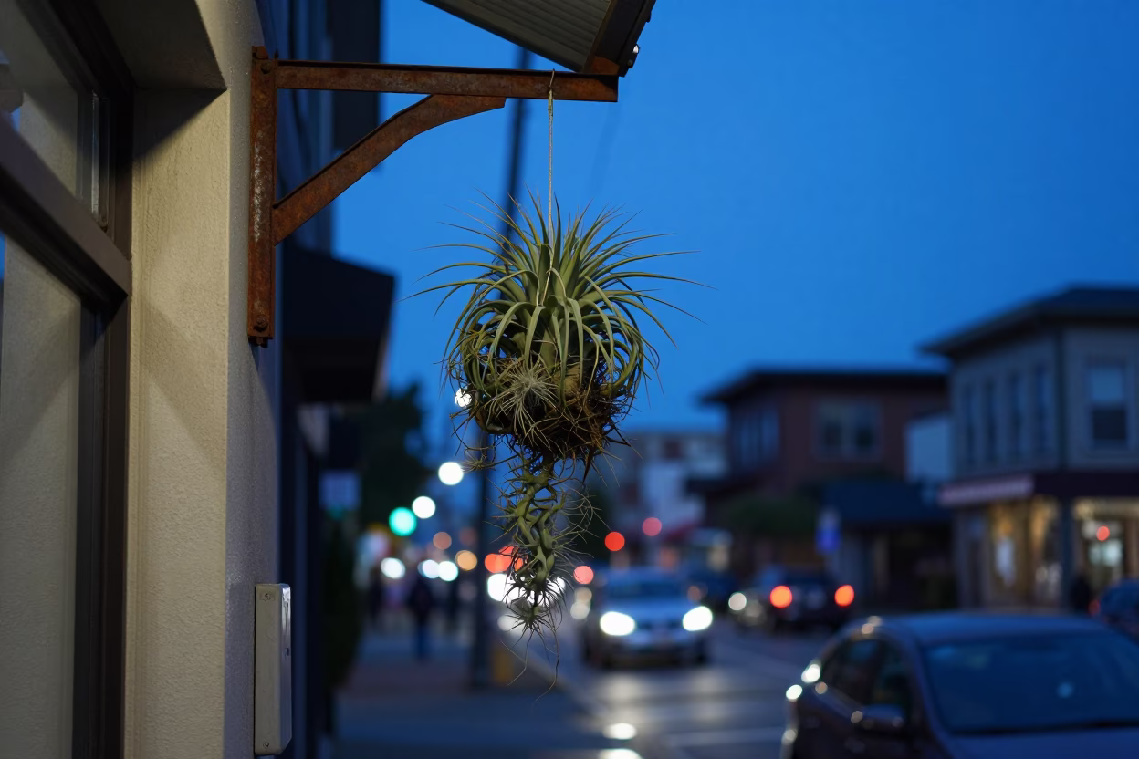 Seattle Evening Blue Hour Street Scene with Hanging Air Plant and Condensation in in Seattle, Washington, United States