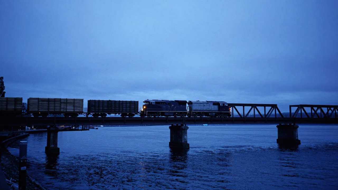 Seattle Evening Blue Hour View of Freight Train Crossing Trestle Bridge Over Water in in Seattle, Washington, United States