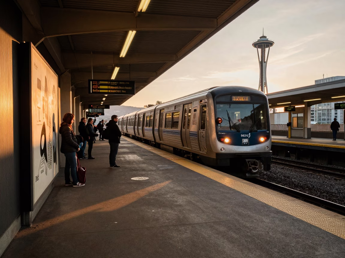 Seattle Evening Commute Space Needle View Art Adorned Station Metro Train Arrival in in Seattle, Washington, United States