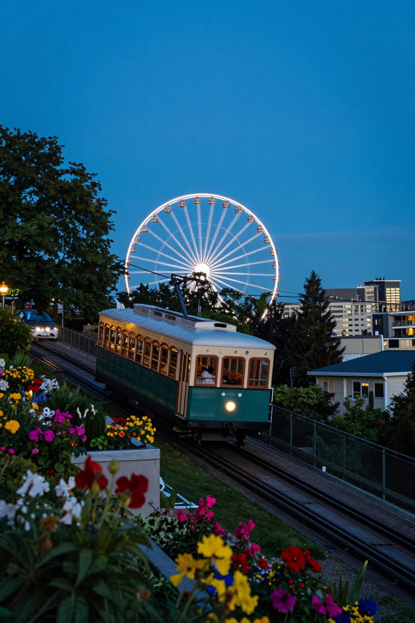 Seattle Evening Funicular Hillside Vines Houseboat Garden Rooftop Flowers Blue Light in in Seattle, Washington, United States