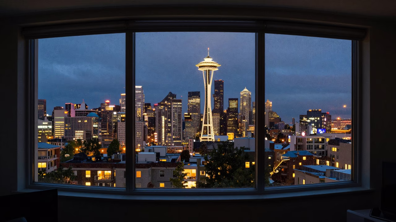 Seattle Evening Interior with City Lights Glowing Through Window in in Seattle, Washington, United States