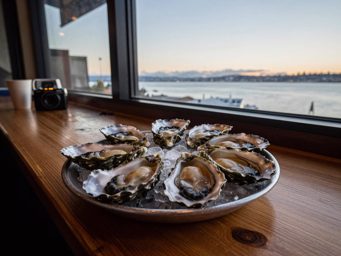 Seattle Evening Light on Fresh Oysters and Greasy Latch at Local Seafood Counter in in Seattle, Washington, United States