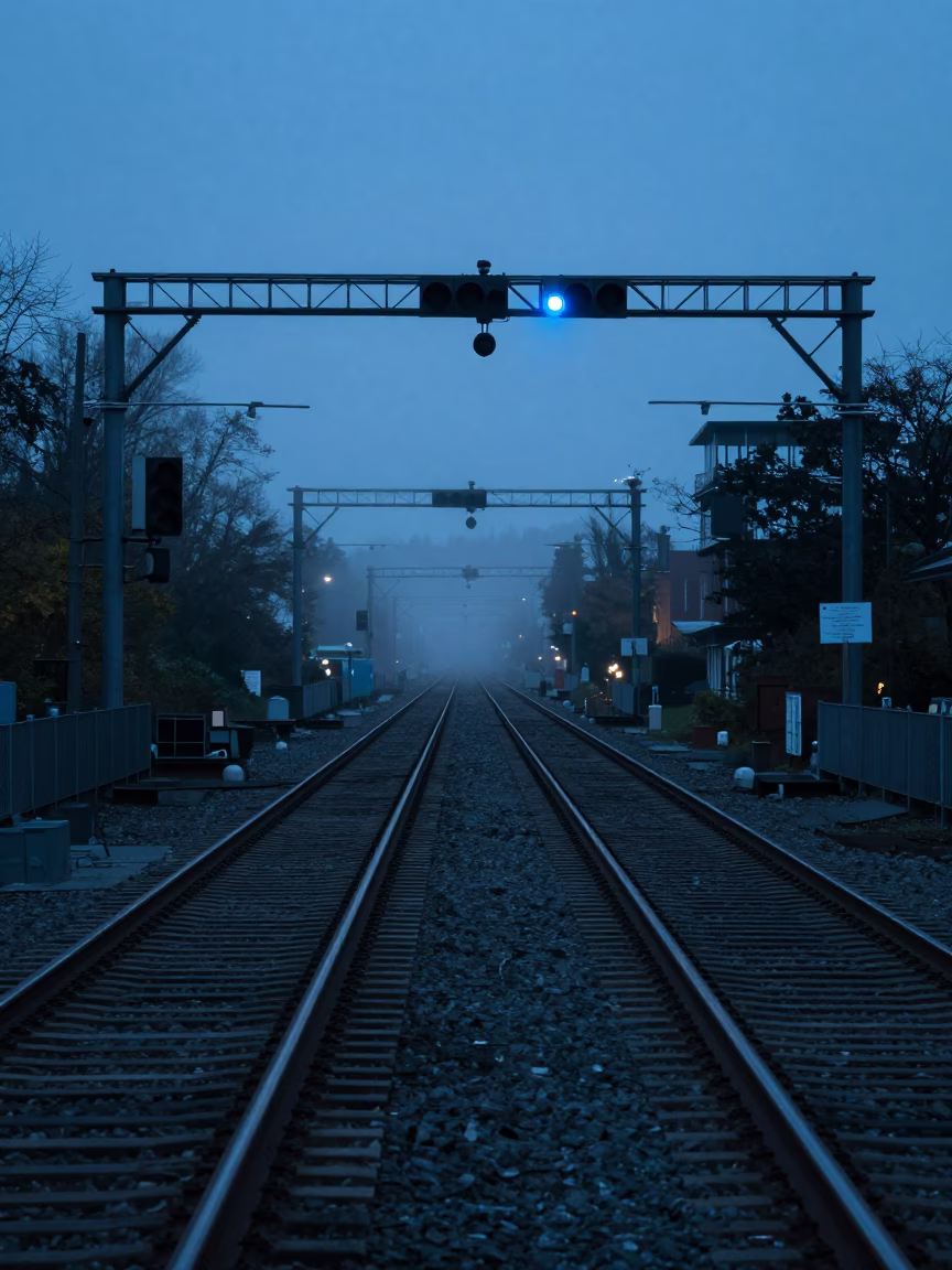 Seattle Evening Light Signal Gantry Mist and Rail Lines Urban Transit in in Seattle, Washington, United States