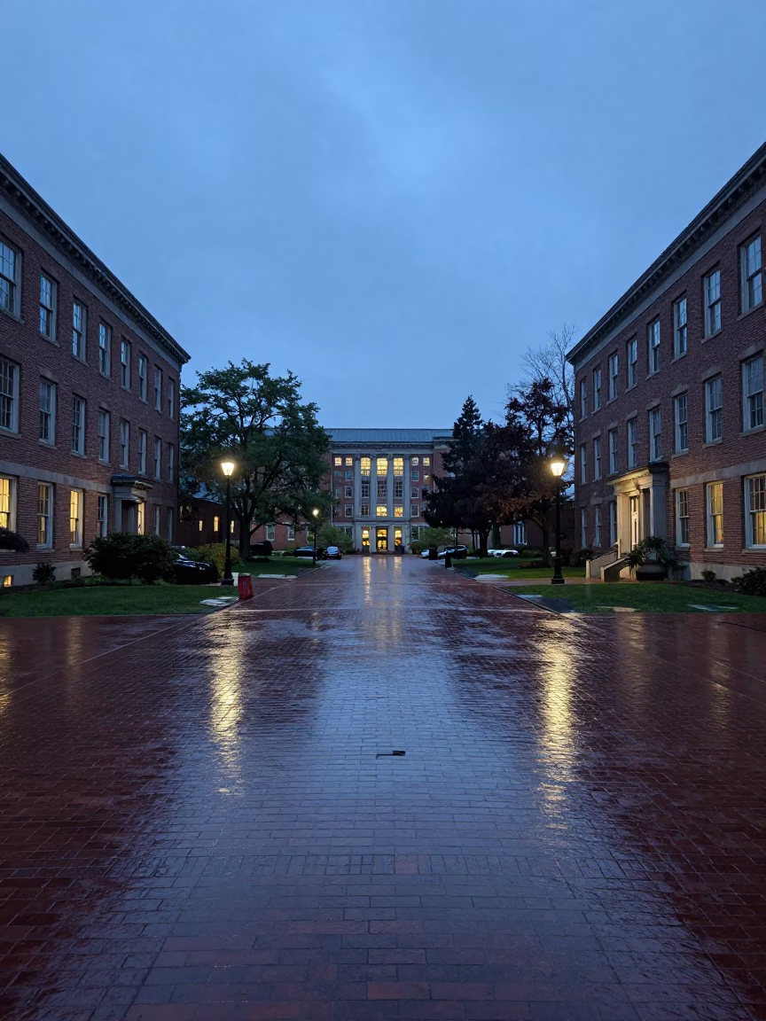 Seattle Evening Rain Scene with Brick Campus Quad and Wet Pavement in in Seattle, Washington, United States