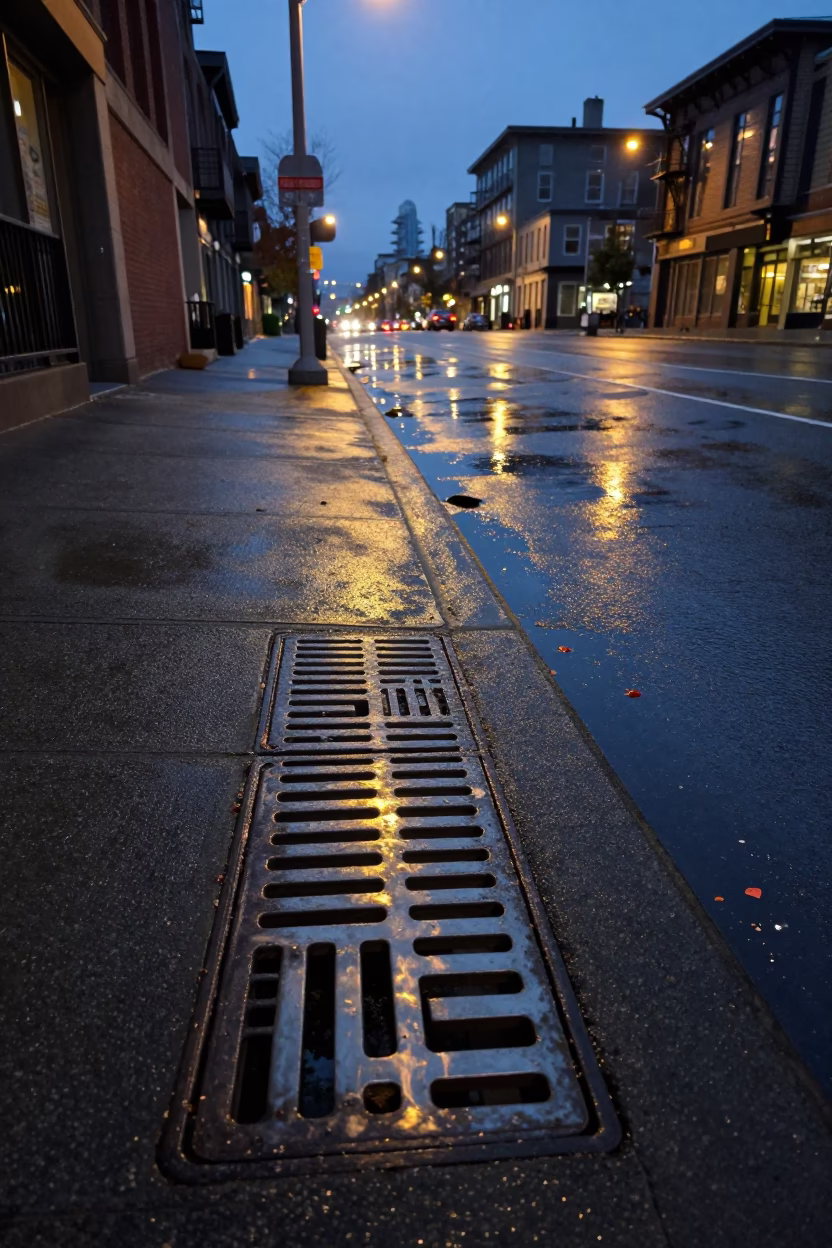 Seattle Evening Street Scene with Brushed Steel Drain and Doormat at Dusk in in Seattle, Washington, United States