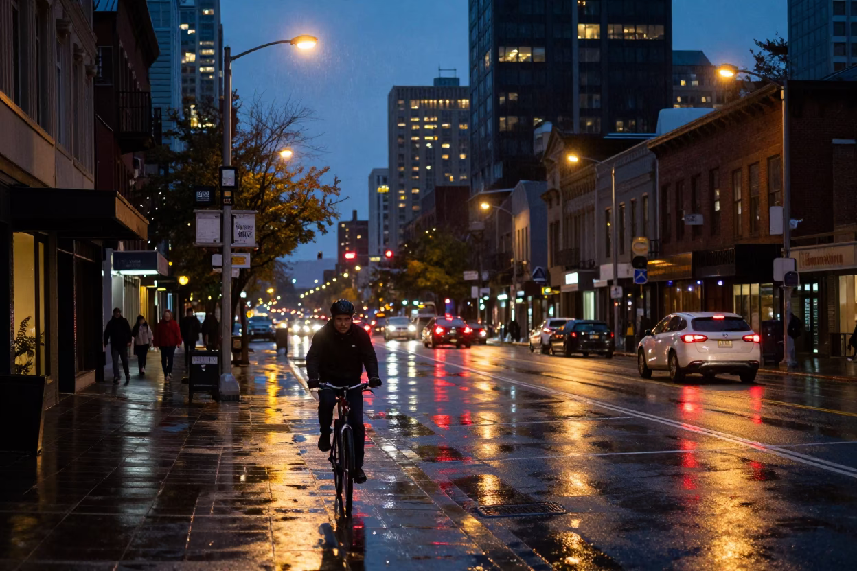 Seattle Evening Street Scene with Cyclist and Wet Pavement Reflections in in Seattle, Washington, United States