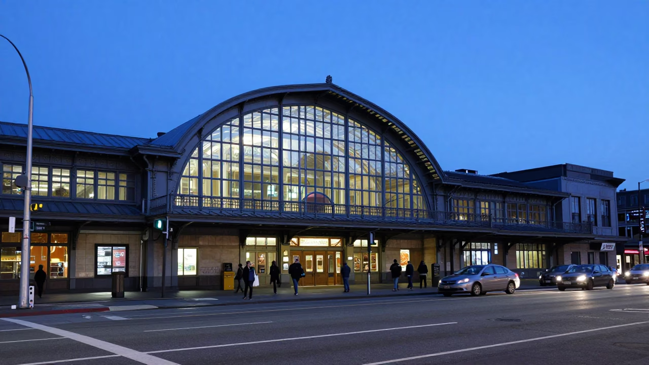 Seattle Evening Street Scene with Glass Steel Train Station Arched Roof and Bar Stools in in Seattle, Washington, United States
