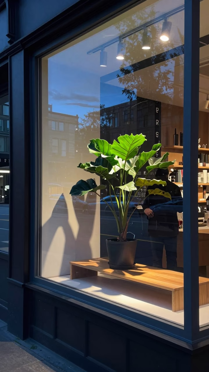 Seattle Evening Street Scene with Houseplant and Leaf Shadows Under Blue Hour Light in in Seattle, Washington, United States