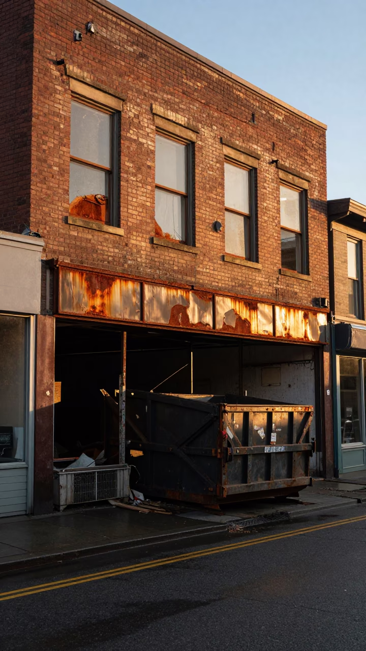 Seattle Evening Street Scene with Rusty Window Frames and Demolition Dumpster in in Seattle, Washington, United States