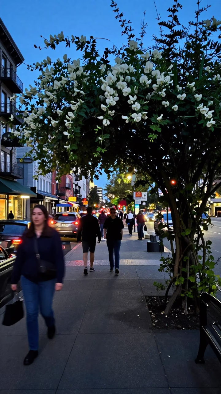 Seattle Evening Street Scene with Sweet Pea Trellis and Urban Greenery in in Seattle, Washington, United States