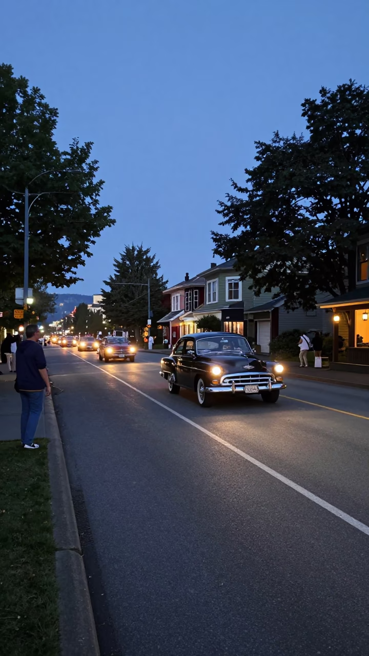 Seattle Evening Street Scene with Vintage Car Rally and Punt on Water in in Seattle, Washington, United States