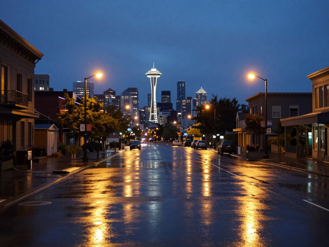 Seattle Evening Street View with Glass Reflections and Urban Lights at Dusk in in Seattle, Washington, United States