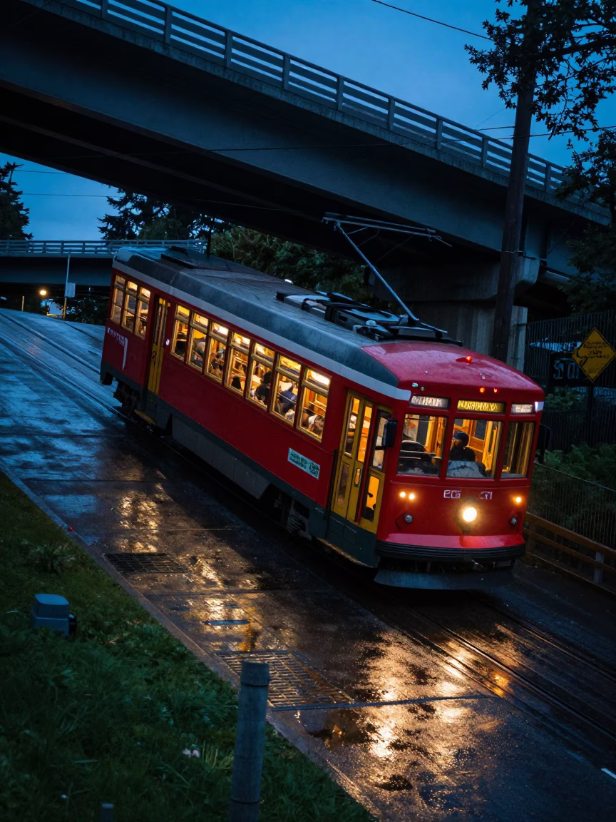 Seattle Evening Tram Climbing Steep Hill Under Highway Flyover in Blue Hour Light in in Seattle, Washington, United States