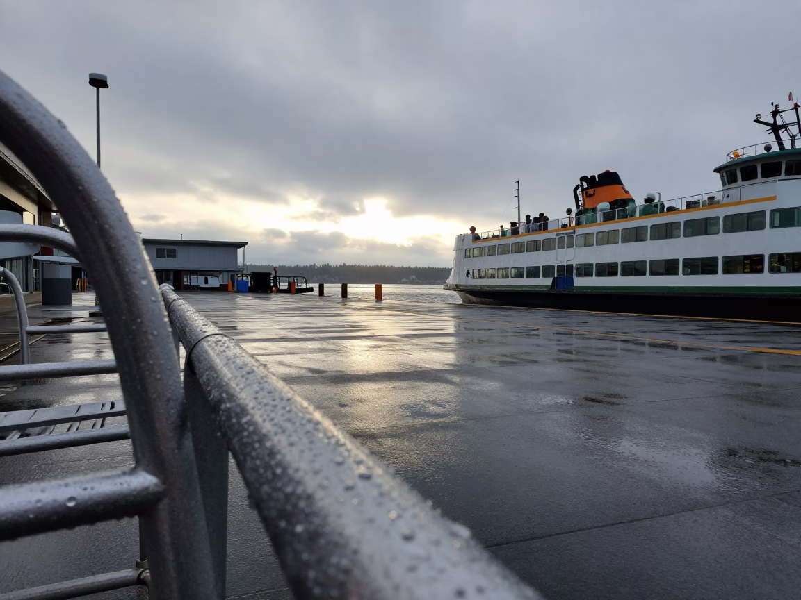 Seattle Ferry Dock Morning Light Condensation on Metal Rung in in Seattle, Washington, United States