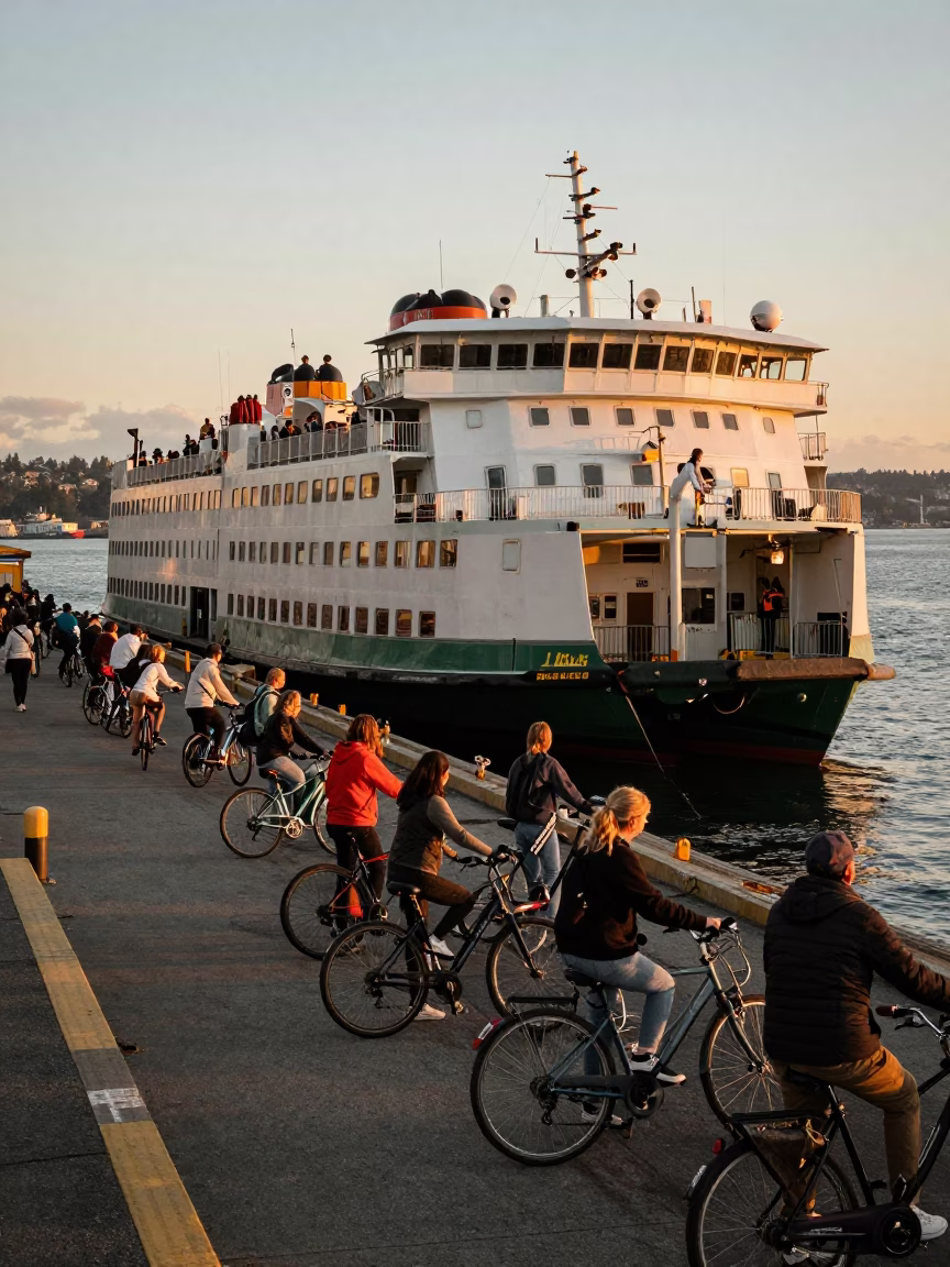 Seattle Ferry Loading Passengers and Bicycles at Dock in Honeyed Evening Light in in Seattle, Washington, United States