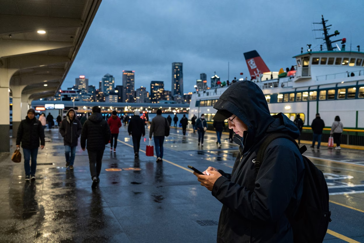Seattle Ferry Terminal at Dusk with Commuters and City Skyline Lights Glowing in in Seattle, Washington, United States