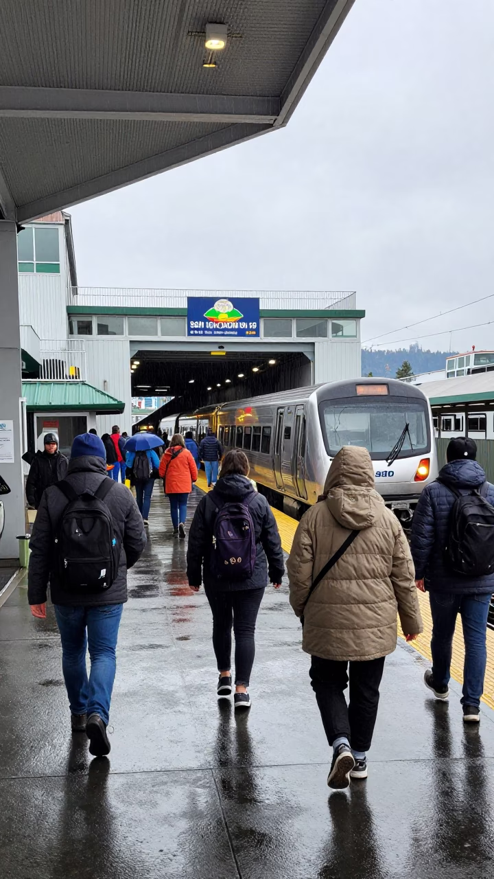 Seattle Ferry Terminal Morning Commute with Rain Gear and Urban Transit in in Seattle, Washington, United States