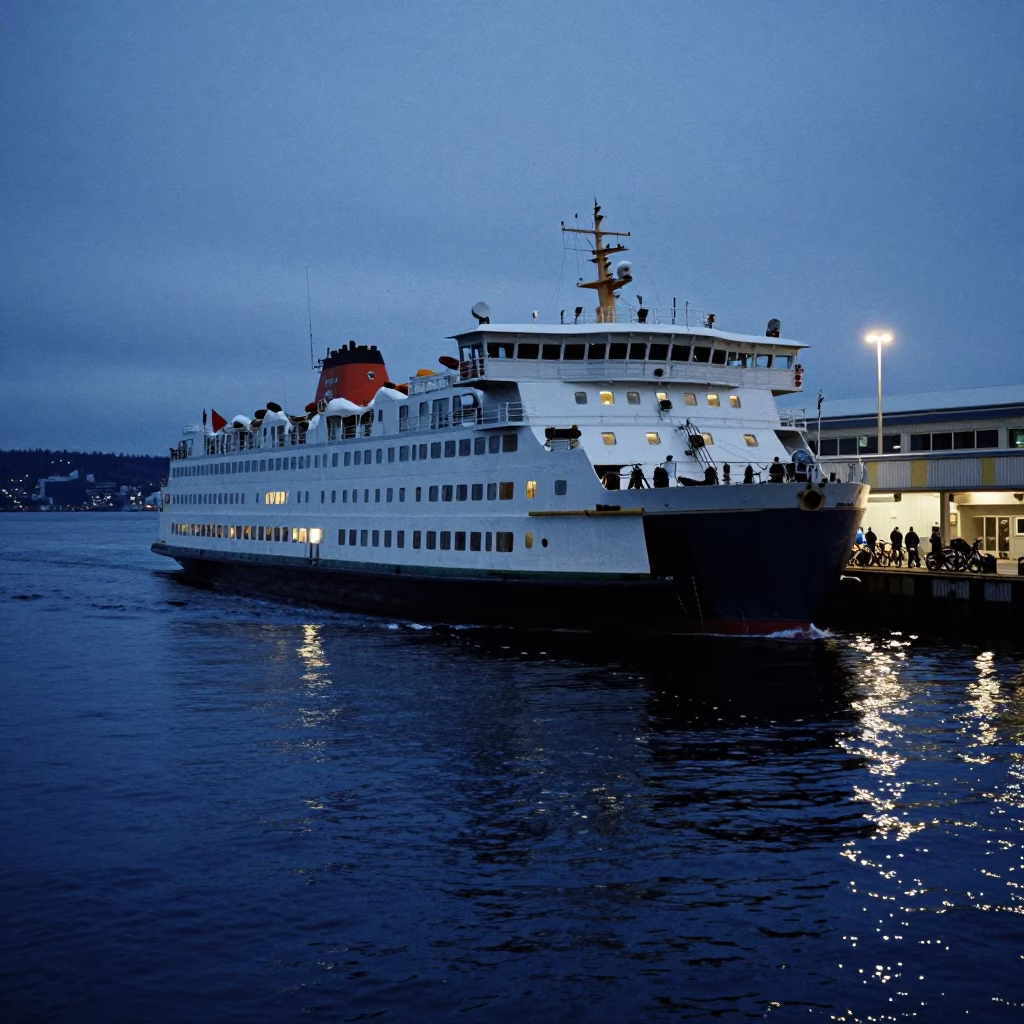 Seattle Ferry Terminal Predawn Docking with Passengers and Bicycles in Washington State in in Seattle, Washington, United States