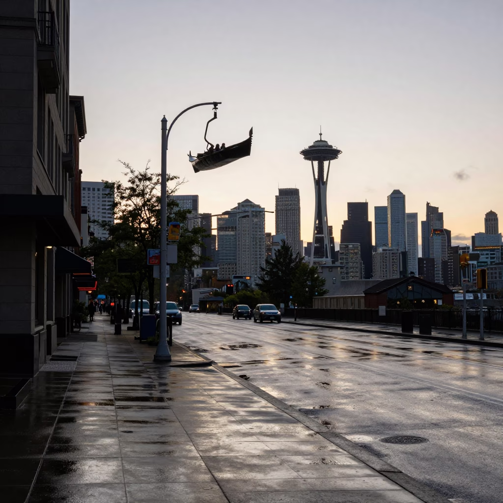 Seattle First Light Dawn Street Scene with Gondola Lift and Urban Mist in in Seattle, Washington, United States