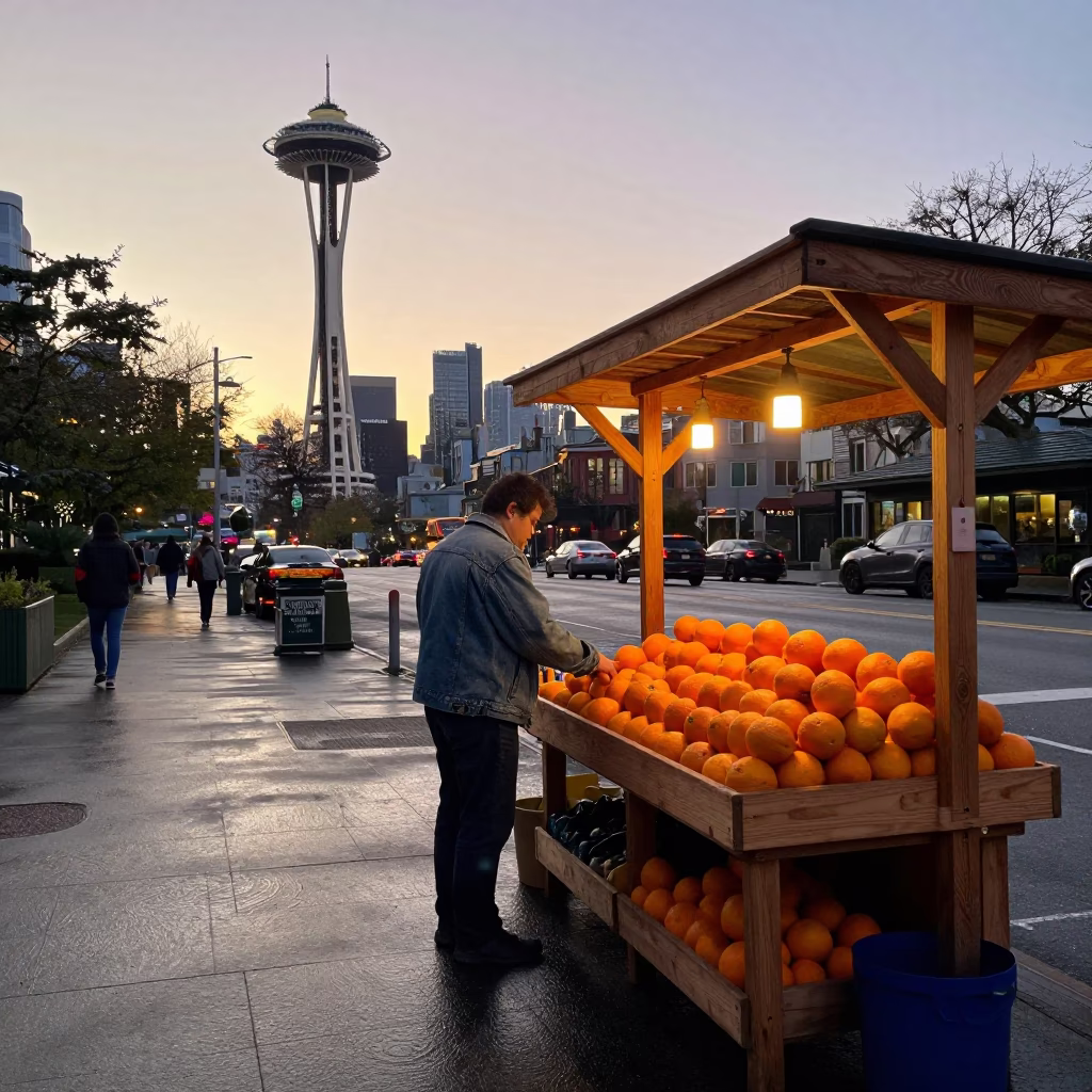 Seattle First Light Dawn Street Scene with Oranges and Vintage Charm in in Seattle, Washington, United States