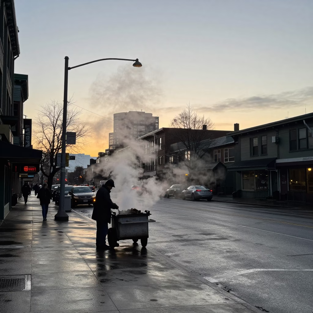 Seattle First Light Dawn Street Scene with Steam and Urban Life in in Seattle, Washington, United States