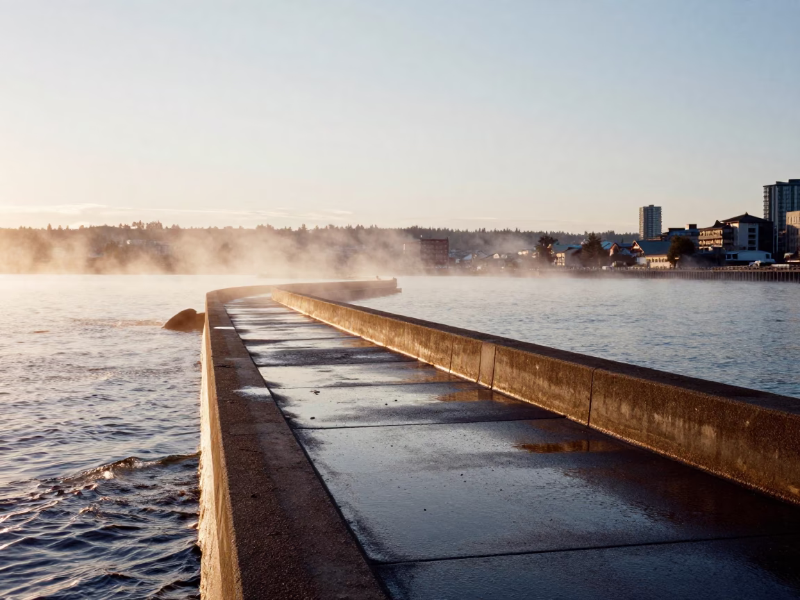 Seattle First Light on Waterfront Spillway Walkway with Rising Mist and Golden Sunbeams in in Seattle, Washington, United States