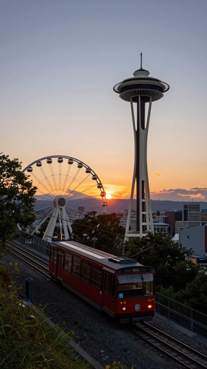 Seattle Funicular Climbing Steep Hill at Sunset with City Skyline Views in in Seattle, Washington, United States