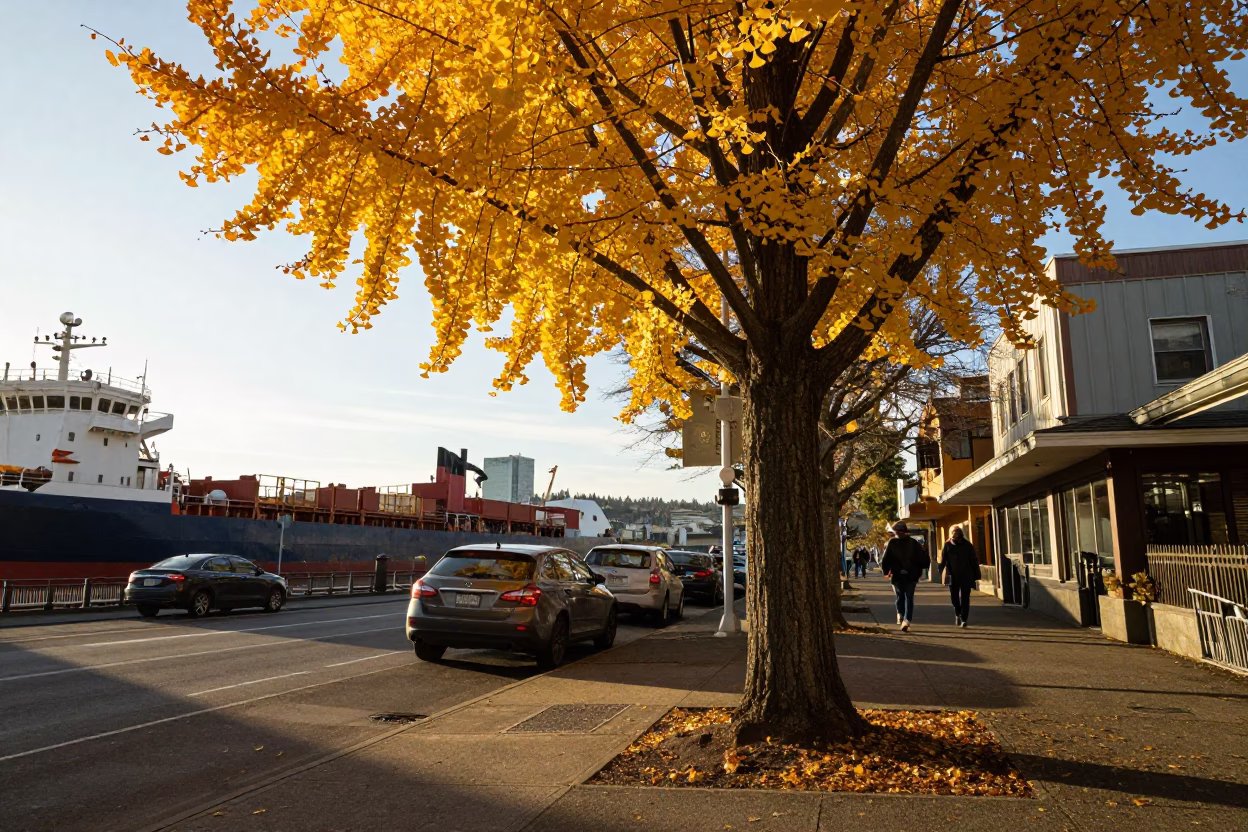 Seattle Golden Hour Street Scene with Ginkgo Tree and Cargo Ship Horizon in in Seattle, Washington, United States